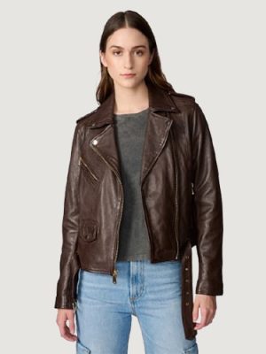 Women’s Ariana Brown Leather Moto With Gold Hardware
