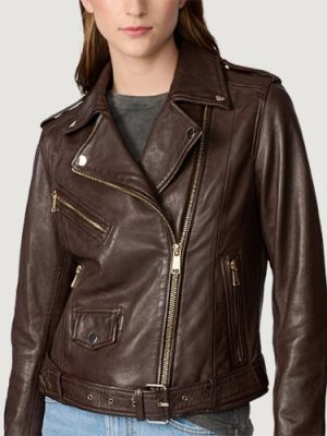 Women’s Ariana Brown Leather Moto With Gold Hardware