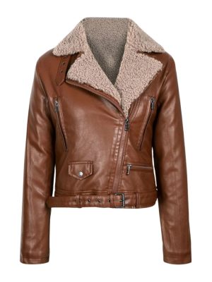Women’s Arianna Faux Shearling Brown Biker Leather Jacket
