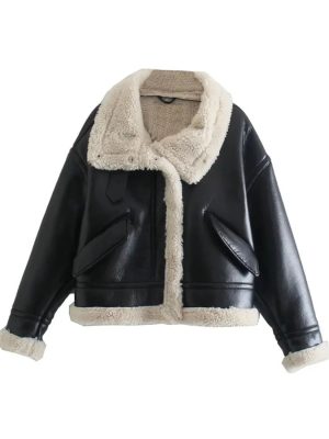 Women’s Bella A-2 Faux Shearling Black Bomber Leather Jacket
