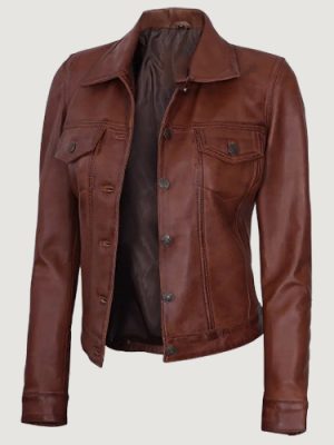 Women’s Cognac Brown Trucker Leather Jacket