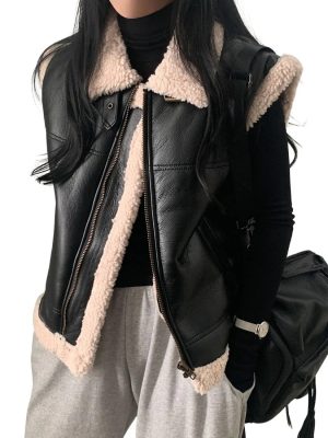 Women’s Elegancia Black Leather Vest With Sherpa