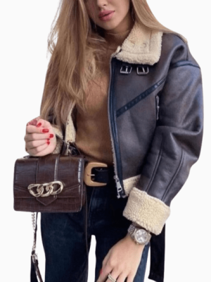 Women’s Elena Faux Shearling G-1 Brown Bomber Leather Jacket Front