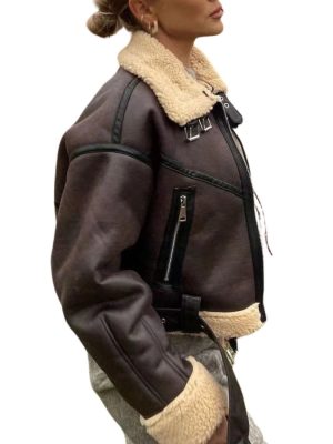Women’s Elena Faux Shearling G-1 Brown Bomber Leather Jacket Front