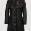 Women’s Glen Black Quilted Leather Car Coat with Brown Detailing