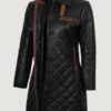 Women’s Glen Black Quilted Leather Car Coat with Brown Detailing - Image 2