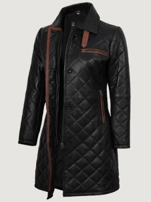 Women’s Glen Black Quilted Leather Car Coat with Brown Detailing