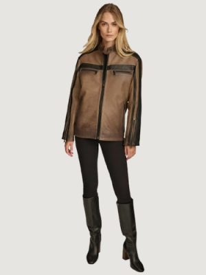 Women’s Jade Color Block Racer Brown Jacket