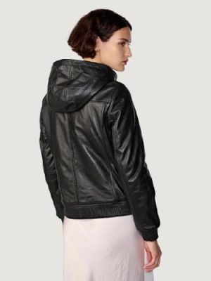 Women’s Kaylee Hooded Black Leather Jacket