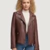 Women’s Leather Brown Jacket With Metallic