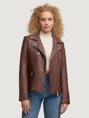 Women’s Leather Brown Jacket With Metallic
