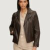 Women’s Leather Brown Moto Jacket - Image 2