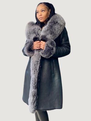 Women’s Long Black Shearling With Sliver Fox Fur And Hood