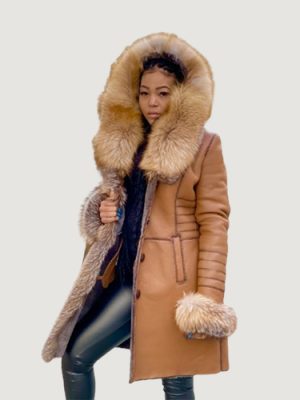 Women’s Long Tan Shearling With Gold Fox Fur And Hood