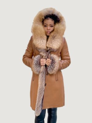 Women’s Long Tan Shearling With Gold Fox Fur And Hood