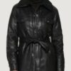 Women’s Mixed Media Faux Black Leather Belted Shacket