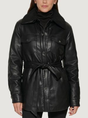 Women’s Mixed Media Faux Black Leather Belted Shacket