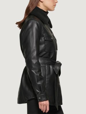 Women’s Mixed Media Faux Black Leather Belted Shacket