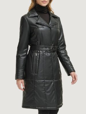 Women’s Quilted Faux Leather Black Belted Trench