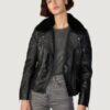 Women’s Rose Moto Jacket Black With Removeable Shearling Collar