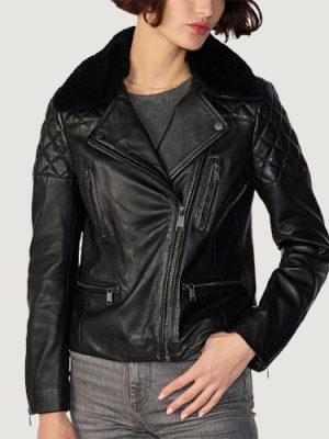 Women’s Rose Moto Jacket Black With Removeable Shearling Collar