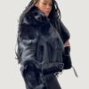 Women’s Shearling Black Biker Style With Black Fox Hood - Image 2