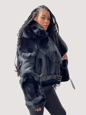 Women’s Shearling Black Biker Style With Black Fox Hood