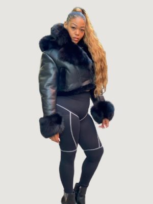 Women’s Shearling Crop Top Black With Black Fox Fur