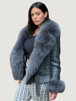 Women’s Shearling Grey Waist Length With Grey Fur Fox