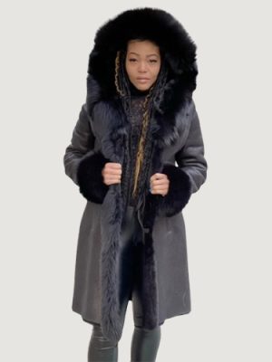 Women’s Shearling Long Black With Black Fox Fur And Hood