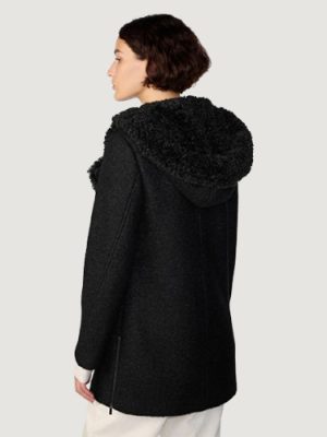 Women’s Wool Boucle Coat Black With Fur Lined Hood
