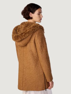 Women’s Wool Boucle Coat Brown With Fur Lined Hood